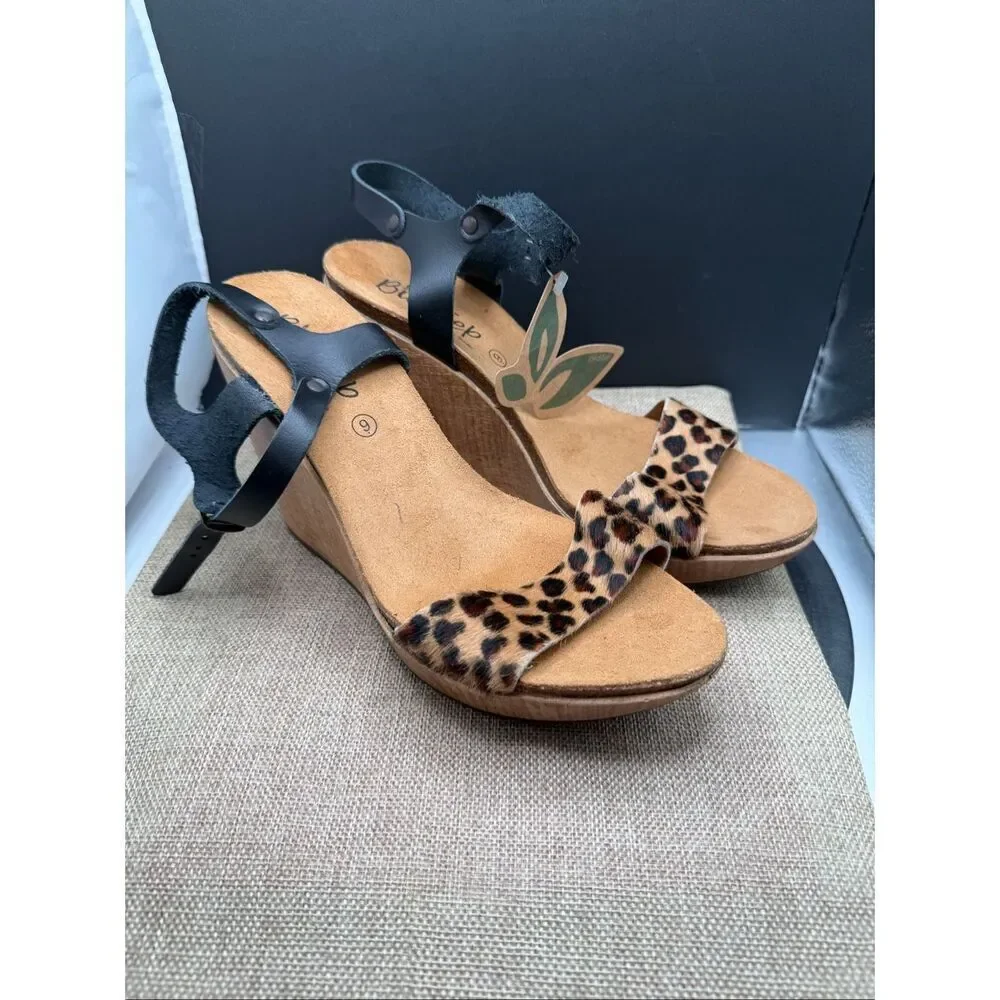 BioStep Wedges Leopard Print Pony Hair with Black Leather Strap Size 6